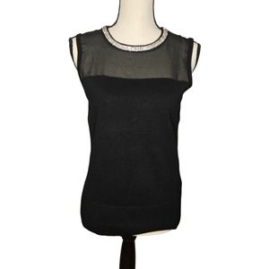 Cable & Gauge Black Sheer Neck Top with Metallic Trim